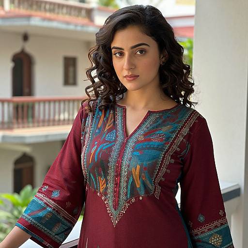 Photograph of a young woman with medium brown skin and curly dark hair, wearing a maroon traditional Punjabi kameez with blue and red embroidered