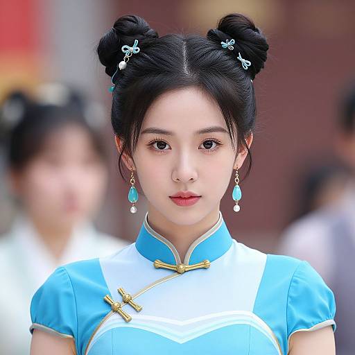 Photograph of a young Asian woman with fair skin, black double bun hairstyle, wearing a blue and white traditional Chinese cheongsam, adorned with turquoise