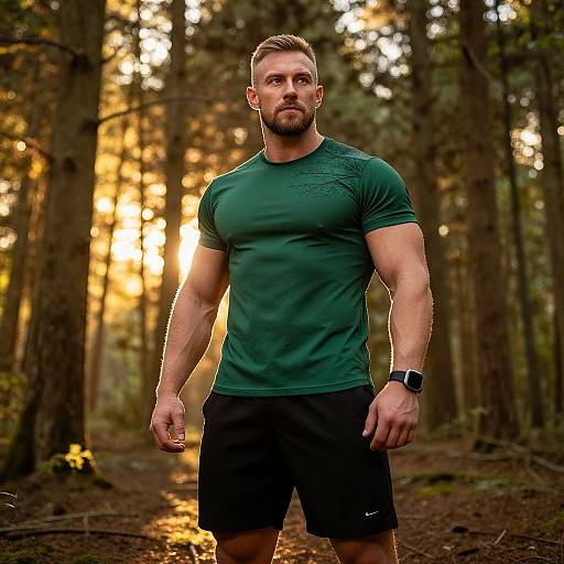 Photograph of a muscular, bearded man with short brown hair, wearing a green t-shirt and black shorts, standing in a sunlit forest.