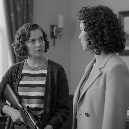 Black and White Photo of Two Women with Rifle Indoors