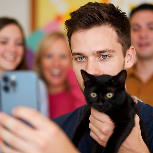 Photograph of a man with short brown hair, holding a black cat, taking a selfie with blurred smiling people in the background.