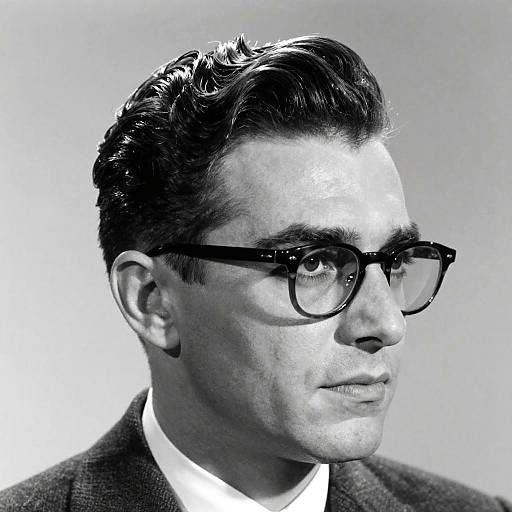 Black and white photograph of a handsome man with slicked-back dark hair, wearing thick-rimmed glasses and a dark suit, looking serious against a