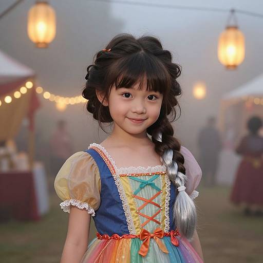Photograph of an Asian girl with dark hair in a long braid, wearing a colorful princess dress, smiling at a festive outdoor evening fair with glowing