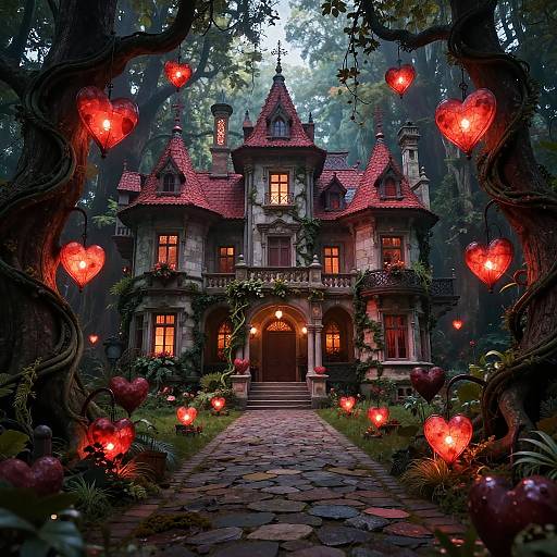 Mysterious, fairy-tale-style stone mansion with glowing red heart lanterns, surrounded by twisted trees, and illuminated by warm yellow lights.