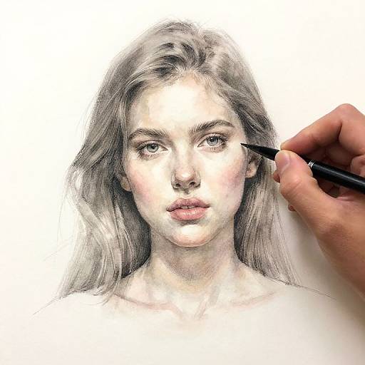 Digital pencil portrait of a young woman with long, silver hair, fair skin, and blue eyes, being sketched by a hand holding a pencil.