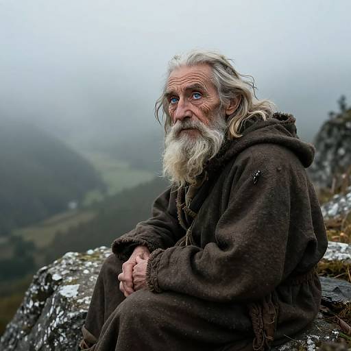 Photograph of an elderly white man with long white beard, blue eyes, wearing a dark brown, worn wool cloak, sitting on a mossy rock