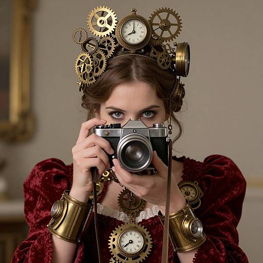 Steampunk woman with brown hair, blue eyes, wearing a red velvet dress, gold gears and clocks on head, holding vintage camera, photograph.