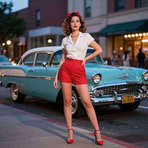 Vintage-style photograph of a curvy woman with red polka-dot shorts, white blouse, red heels, and red bow, standing confidently in front of