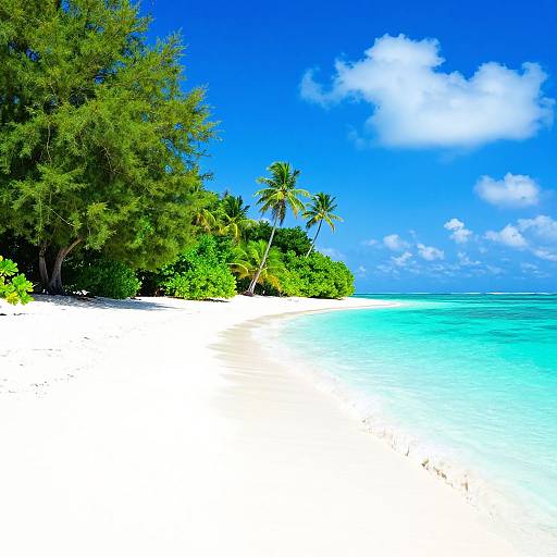 Photograph of a pristine tropical beach with white sand, turquoise water, lush green trees, and tall palm trees under a bright blue sky with fluffy white