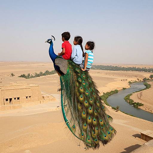 Photograph of three people riding a vibrant peacock with blue, green, and brown feathers over a desert landscape with ancient ruins and a river. Clear
