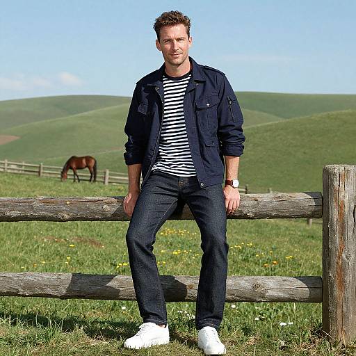 Photograph of a casually dressed man with short brown hair, wearing a navy jacket, striped shirt, jeans, and white sneakers, leaning on a wooden