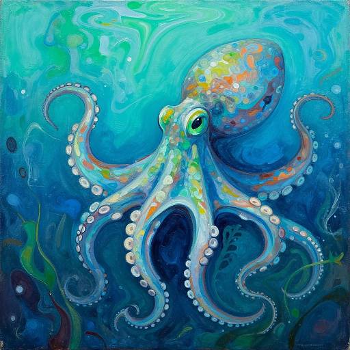 Vibrant, colorful painting of an underwater octopus with glowing, multicolored skin, white suction cups, and swirling blue-green ocean background.