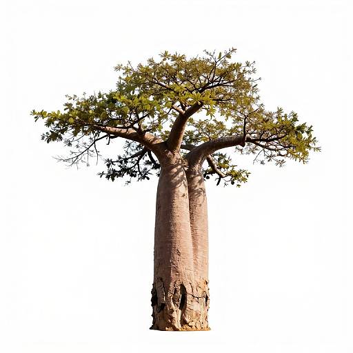 Photograph of a tall, thick-trunked tree with sparse green leaves, standing alone against a white background. The tree's textured bark is prominently