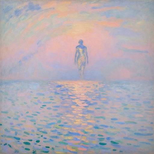 Impressionist painting of a silhouetted figure walking on a shimmering, colorful beach at sunset, with soft pastel hues and light reflections