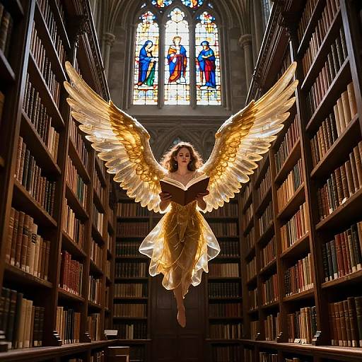 Photograph of a woman with golden wings, wearing a flowing yellow dress, flying down a library aisle with tall bookshelves, illuminated by a colorful
