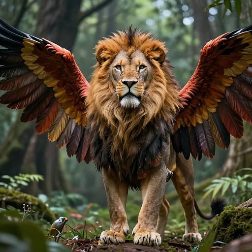 Digital artwork of a majestic lion with vibrant, red-orange wings standing in a lush, forested background, blending animal and mythical elements.
