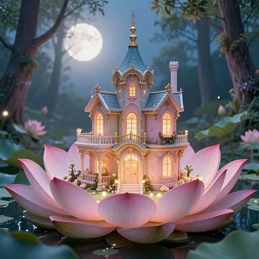 Whimsical fairy-tale house with glowing windows, nestled in a pink lotus flower, illuminated by full moon in enchanted forest.