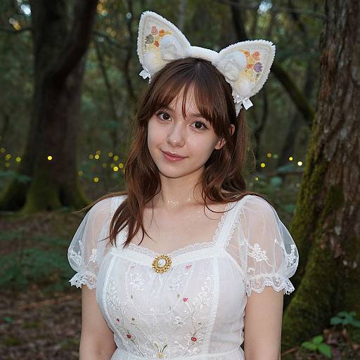 Photograph of a young woman with brown hair and cat ears headband, wearing a white lace dress, standing in a forest with twinkling fairy lights