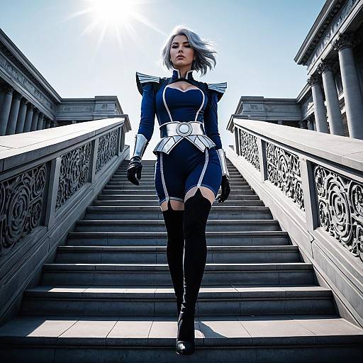 Woman in Futuristic Blue and Silver Cosplay Outfit on Grand Staircase