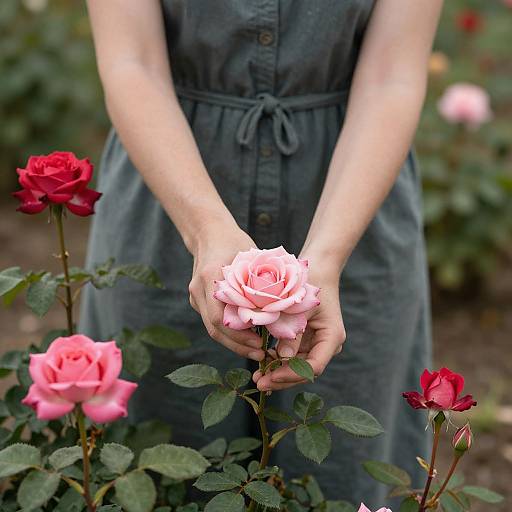 Woman Tending Vibrant Roses in Pastoral Setting