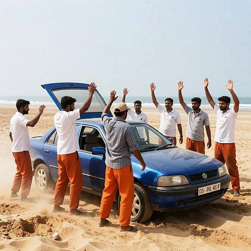 Celebration Around a Stuck Blue Car