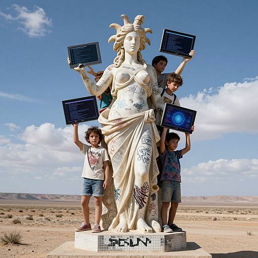 Photograph of four children holding tablet computers standing around a tall, ancient-style statue of a goddess in a desert landscape. Clear blue sky with scattered clouds