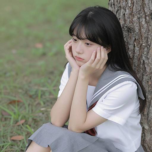 Young Japanese Woman in Sailor Uniform Sitting by Tree