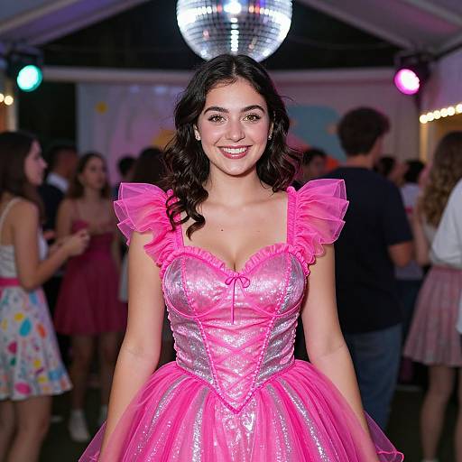 Photograph of a smiling young woman with dark curly hair, wearing a vibrant pink sequined and tulle dress, standing in a dimly lit party