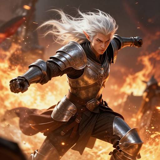 Digital fantasy artwork of a fierce, white-haired elf warrior with pointed ears, wearing ornate silver armor, charging through a blazing inferno.