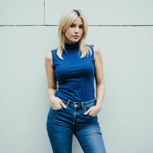 Blonde Woman in Blue Sleeveless Top and Jeans