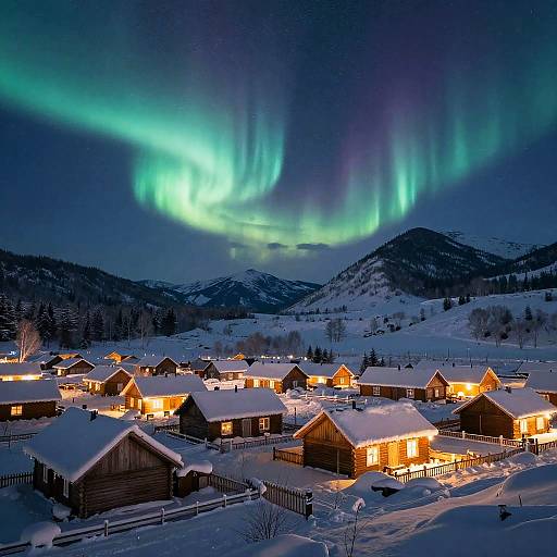 Snowy Village Under Northern Lights