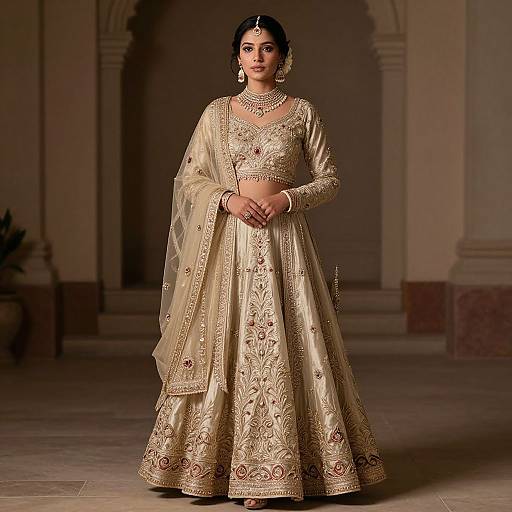 Photograph of an Indian woman in a golden, intricately embroidered traditional lehenga, standing in a dimly lit, elegant hall.