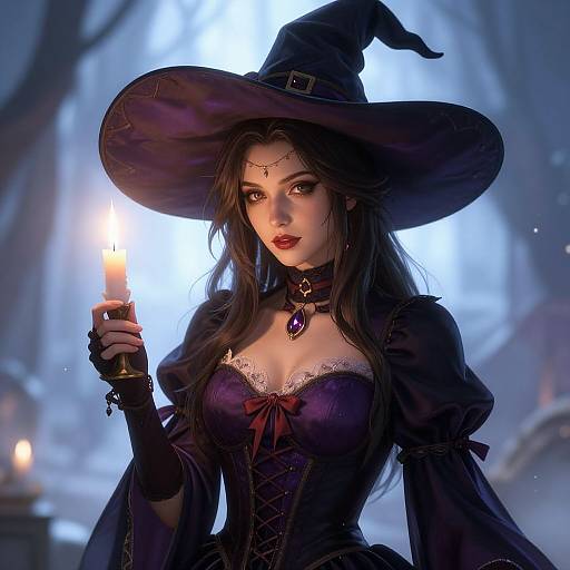 Digital art of a sexy, fair-skinned witch with purple eyes, wearing a dark purple dress and hat, holding a glowing candle in a mystical,