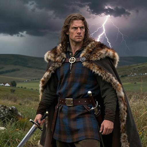 Determined Warrior in Stormy Landscape