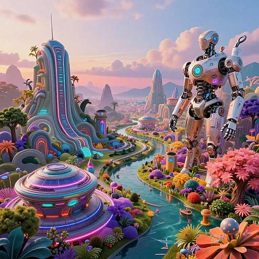 Vibrant, futuristic cityscape with neon-lit buildings, colorful flowers, a robotic figure, winding river, and distant mountains at sunset. Digital