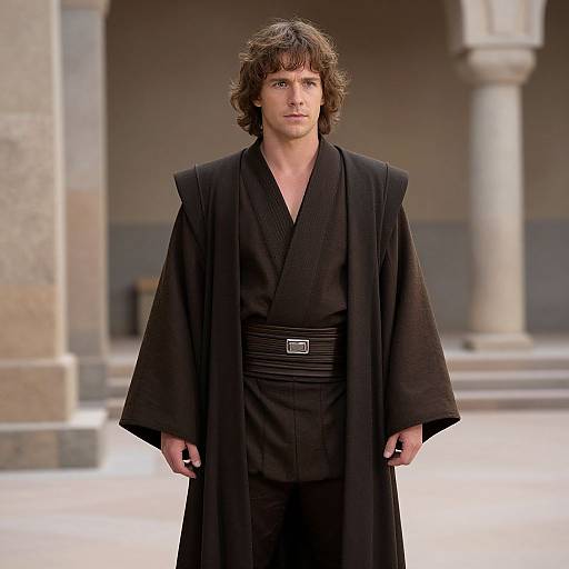 Photograph of Mark Hamill as Luke Skywalker in black Jedi robe with wide sleeves, belt, and silver buckle, standing in a stone-columned courtyard