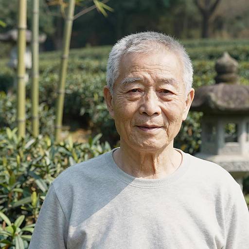Photograph of an elderly Asian man with short gray hair, wearing a light gray shirt, standing in a sunlit tea garden. Background includes green bushes