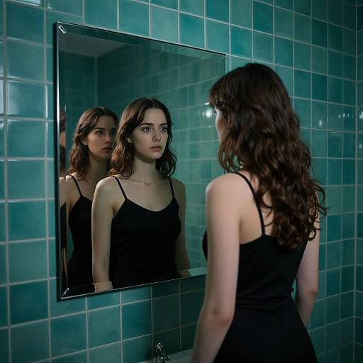 Photograph of a young woman with long dark hair, wearing a black spaghetti-strap dress, standing in front of a square mirror in a teal-t