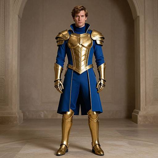 Photograph of a serious, brown-haired man in golden armor over a blue medieval-style tunic, standing in a stone-columned room.