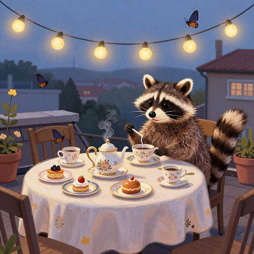 Raccoon's Rooftop Tea Party at Dusk