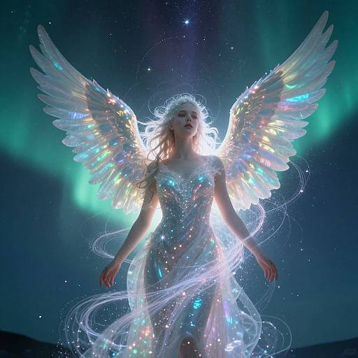 Photorealistic digital art of a glowing angelic woman with iridescent wings, ethereal white dress, surrounded by starlight and aurora,