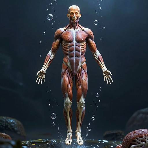 Digital CGI image of a muscular, bald, anatomically detailed male figure underwater, showcasing red and white muscle fibers, with bubbles surrounding him. Dark blue