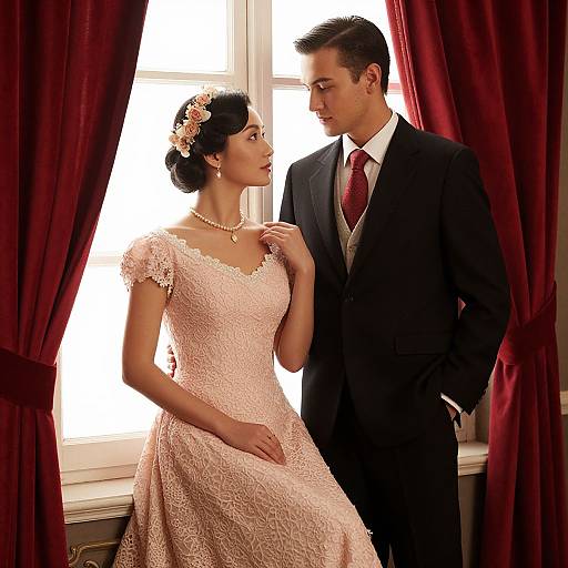 Photograph of a couple in formal attire; woman in lace pink dress, flower crown, necklace, man in black suit, red tie, standing before