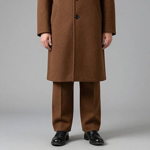 Photograph of a person standing, showing only their torso and legs, wearing a brown tweed overcoat, matching brown trousers, and black leather shoes