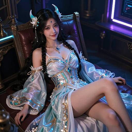 Digital art: Anime woman with long black braids, blue and white fantasy dress, horns, sitting on a dark leather chair in a dimly lit