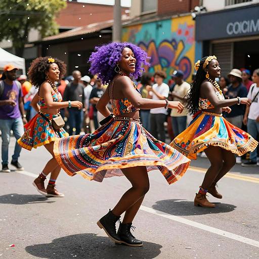 Photograph of three African women with vibrant purple and orange African-print dresses, dancing in a street parade, surrounded by a cheering crowd.