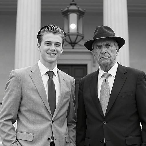 Two Businessmen in Front of Columned Building