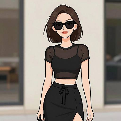 Digital anime-style drawing of a smiling woman with shoulder-length brown hair, wearing black sunglasses, sheer black crop top, and black skirt, standing in front
