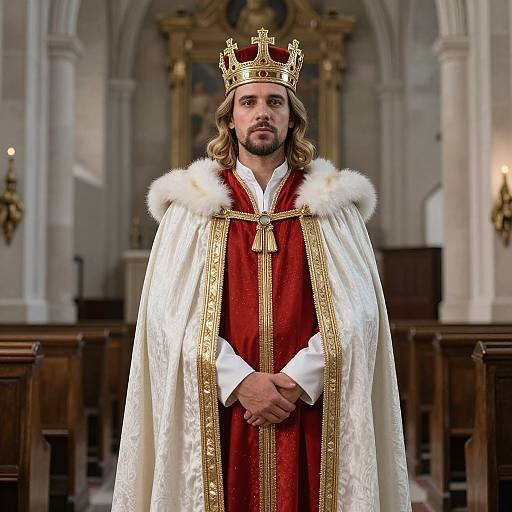 Photograph of a bearded man with long hair, wearing a gold crown, red and white regal robe, standing in a grand church.