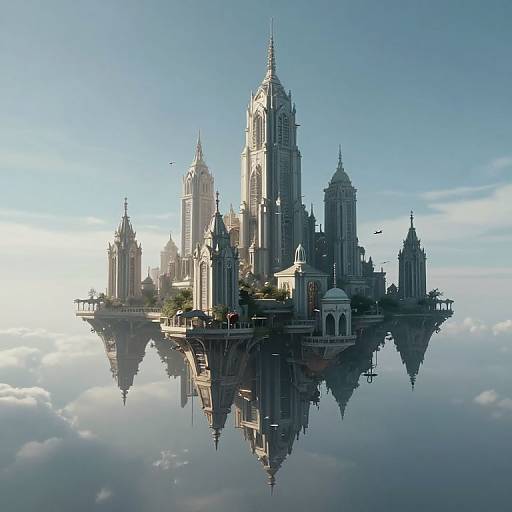 Digital artwork of a futuristic, towering skyscraper city floating on a calm, reflective lake under a clear blue sky.